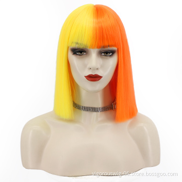 Colorful Cosplay Half Yellow And Orang Short Bob with Bangs Synthetic Wig Glueless Heat Resistant Hair None Lace Wig Top Sell